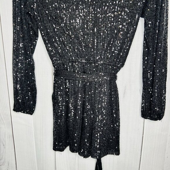 Midnight Doll Black Full Sequin Shorts Romper Tie Waist Sz XS Long Sleeve - Picture 7 of 8